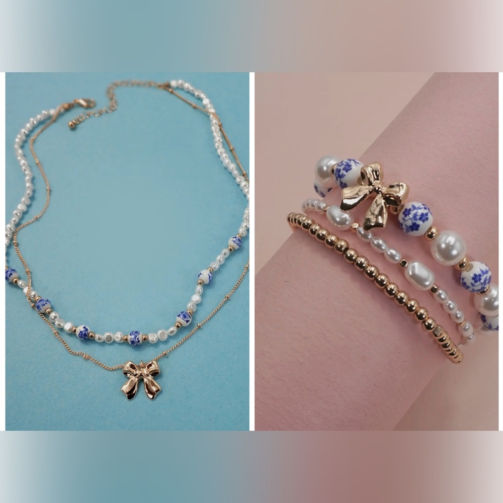 Gold and Pearl Bow Necklace and Bracelet Set
